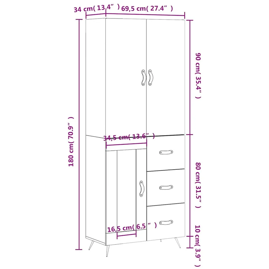 Buffet haut Blanc 69,5x34x180 cm Bois d'ingénierie - 14