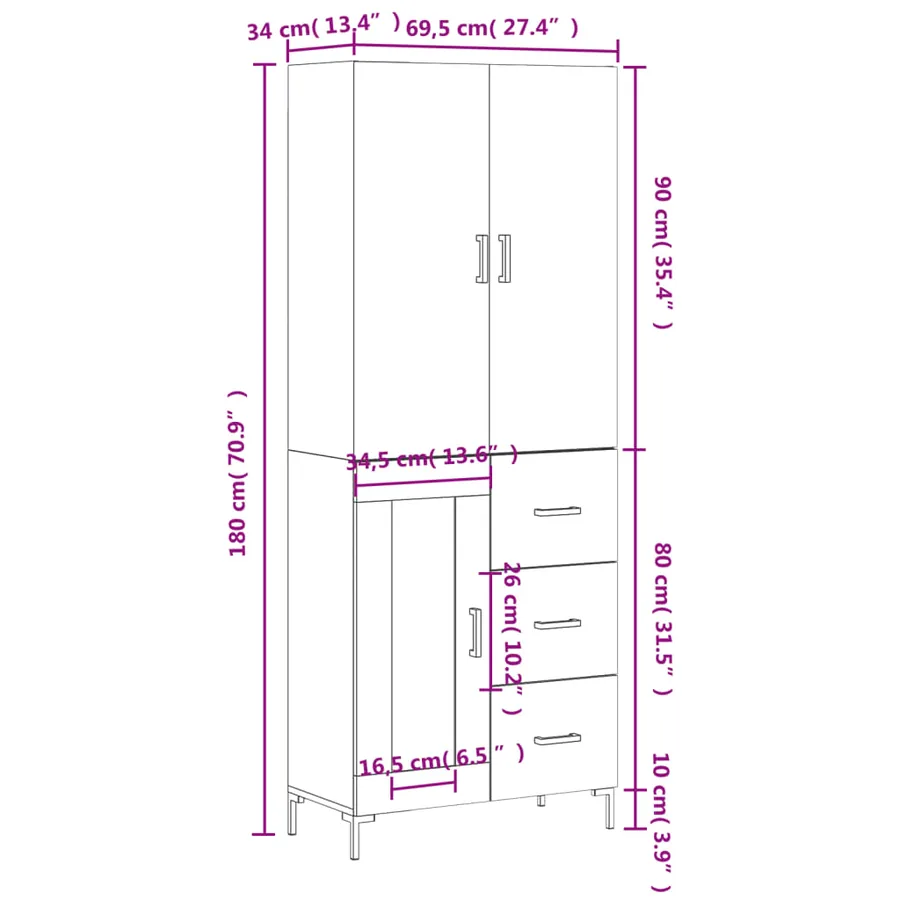 Buffet haut Sonoma gris 69,5x34x180 cm Bois d'ingénierie - 14