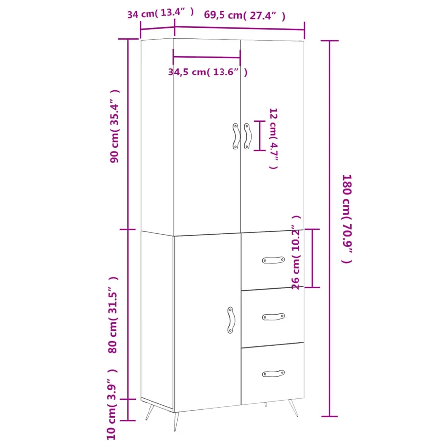 Buffet haut Blanc 69,5x34x180 cm Bois d'ingénierie - 14