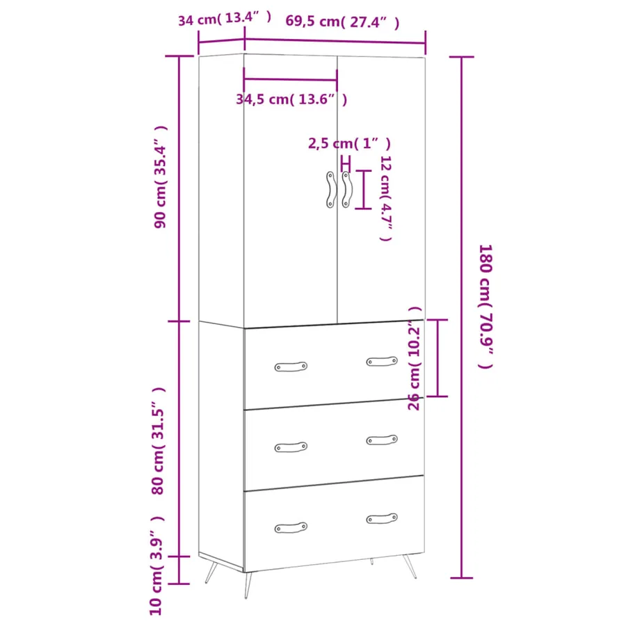 Buffet haut Gris béton 69,5x34x180 cm Bois d'ingénierie - 14
