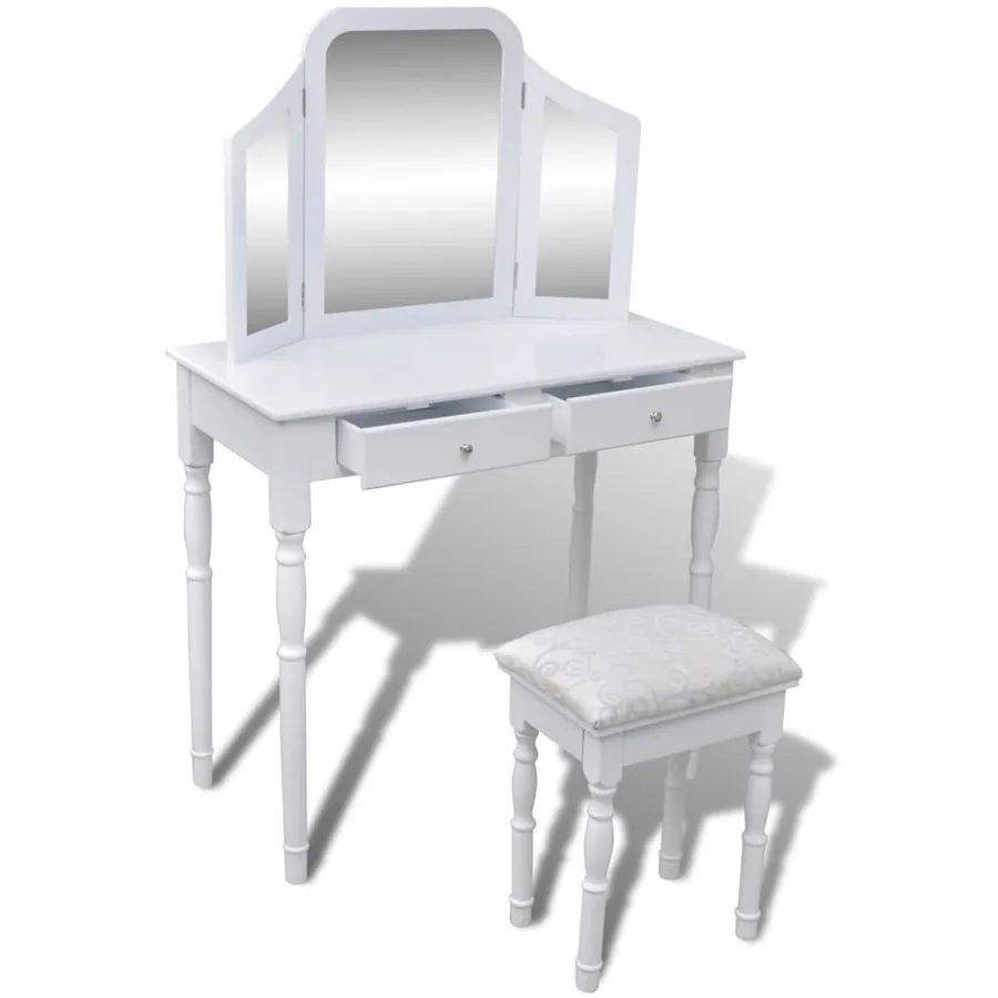 Coiffeuse avec miroir et tabouret 2 tiroirs Blanc - 3