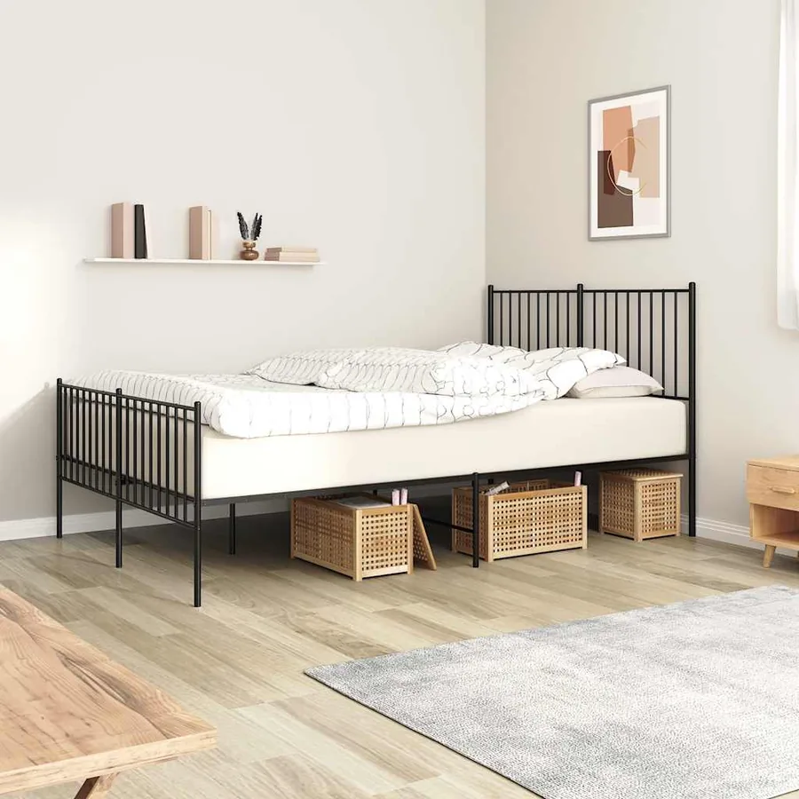 Cadre de lit métal sans matelas avec pied de lit noir 140x200cm