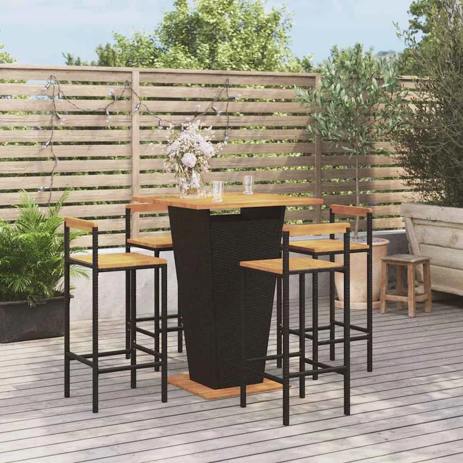 Ensemble de bar jardin 5 pcs noir poly rotin/bois massif acacia
