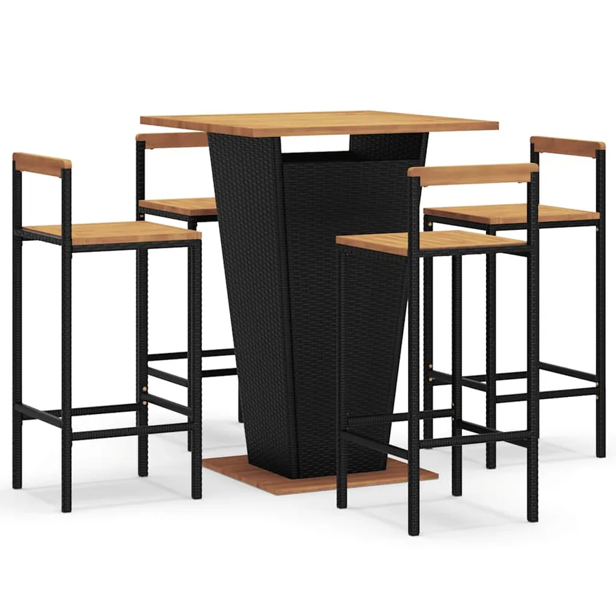 Ensemble de bar jardin 5 pcs noir poly rotin/bois massif acacia - 2