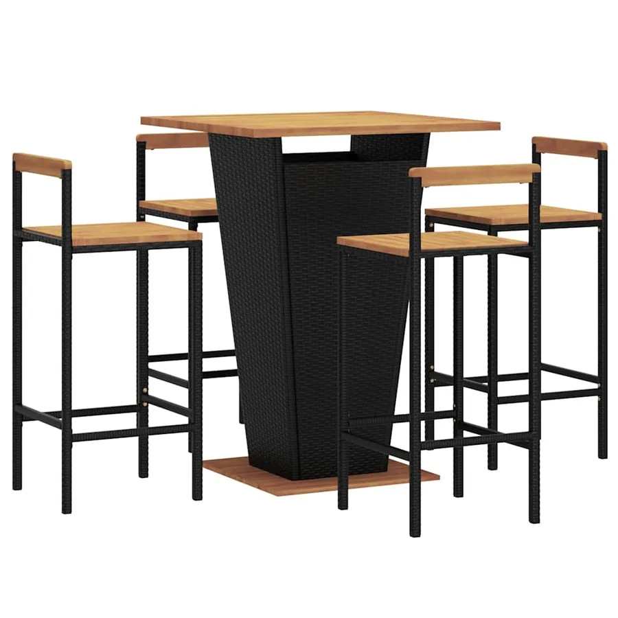 Ensemble de bar jardin 5 pcs noir poly rotin/bois massif acacia - 3