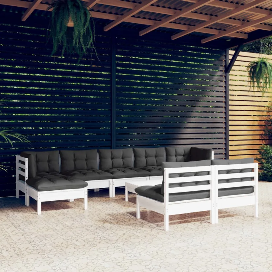 Salon de jardin 10 pcs avec coussins blanc bois de pin