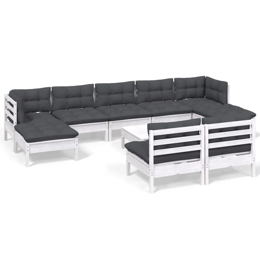 Salon de jardin 10 pcs avec coussins blanc bois de pin - 2