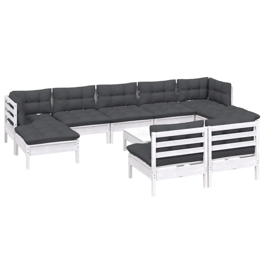 Salon de jardin 10 pcs avec coussins blanc bois de pin - 3