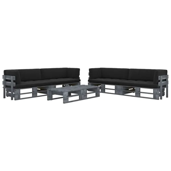 Salon de jardin palette 6pcs avec coussins Pin imprégné de gris