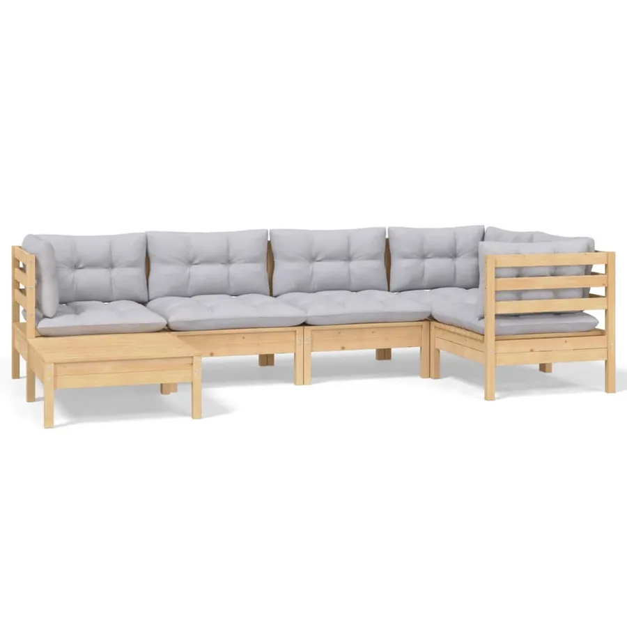 Salon de jardin 6 pcs avec coussins gris Bois de pin massif - 2