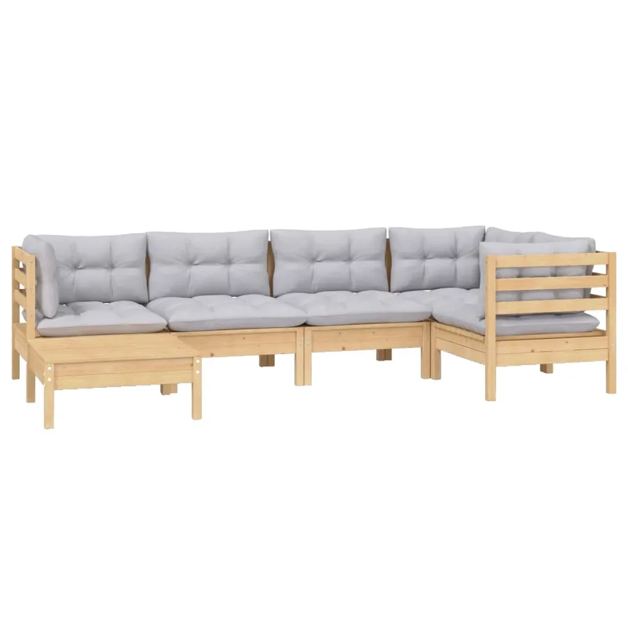 Salon de jardin 6 pcs avec coussins gris Bois de pin massif - 3