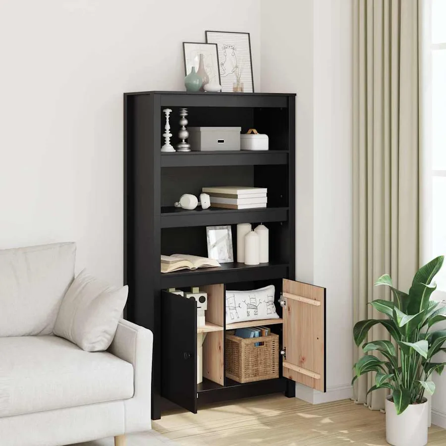 Buffet haut Noir 80x35x154 cm Bois massif de pin - 3