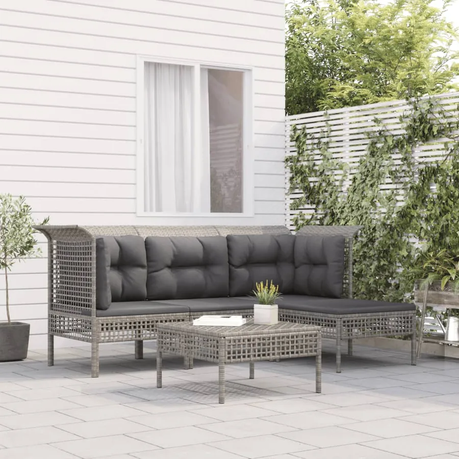 Salon de jardin 5 pcs avec coussins Gris Résine tressée