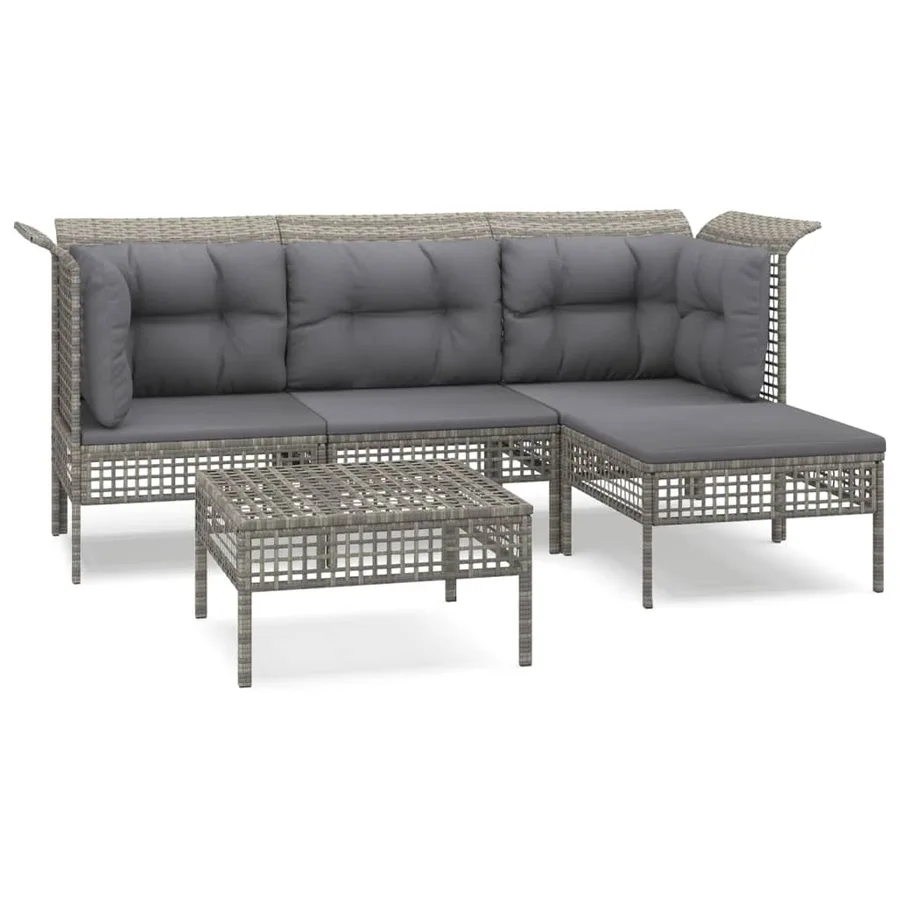 Salon de jardin 5 pcs avec coussins Gris Résine tressée - 2