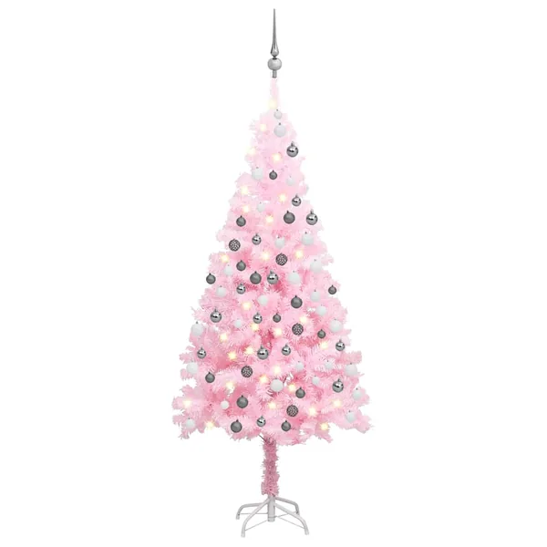 Arbre de Noël artificiel pré-éclairé et boules rose 180 cm PVC