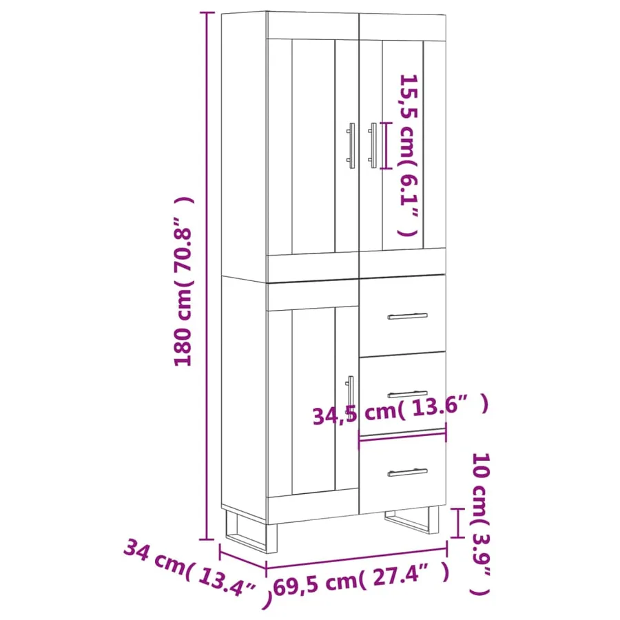 Buffet haut Blanc 69,5x34x180 cm Bois d'ingénierie - 14
