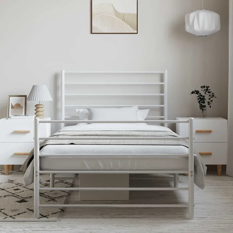 Cadre de lit métal sans matelas et pied de lit blanc 100x190 cm - 3