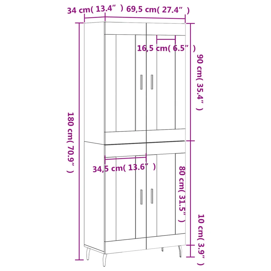 Buffet haut Blanc 69,5x34x180 cm Bois d'ingénierie - 13