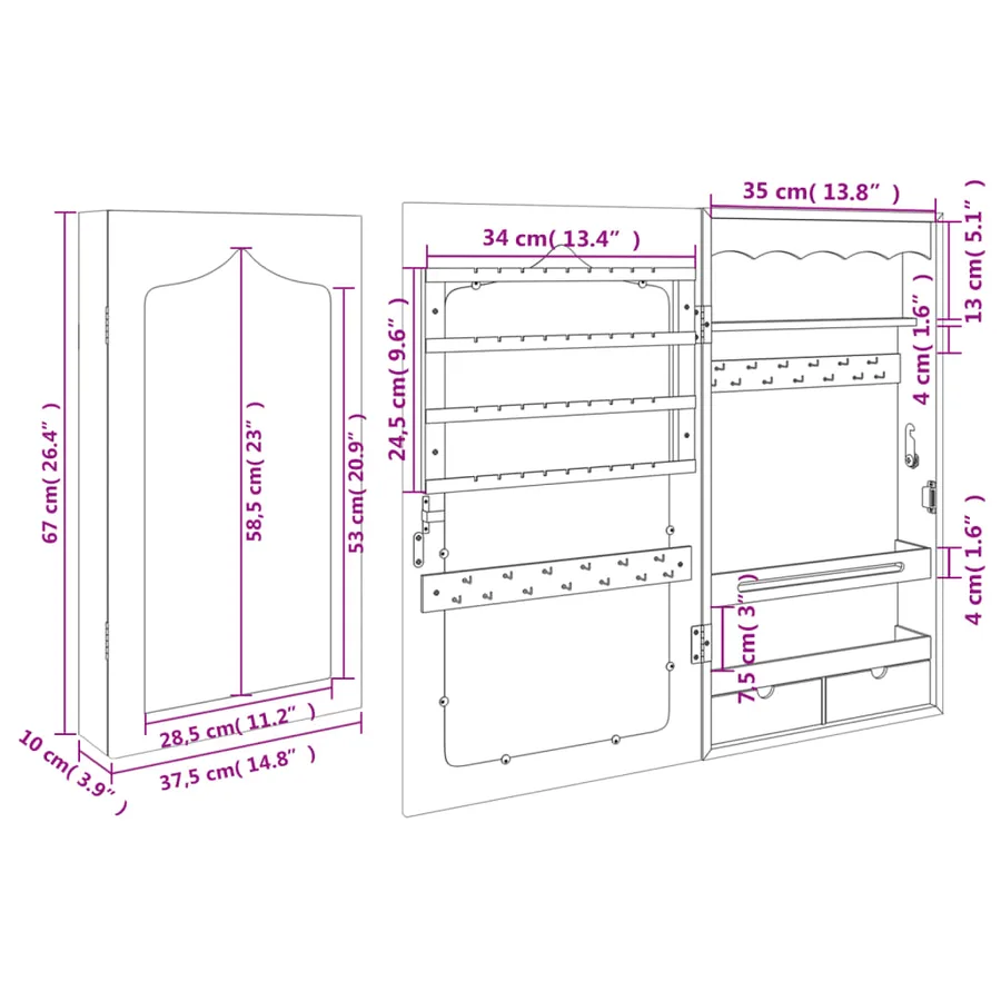 Armoire à bijoux avec miroir murale 37,5x10x67 cm - 11