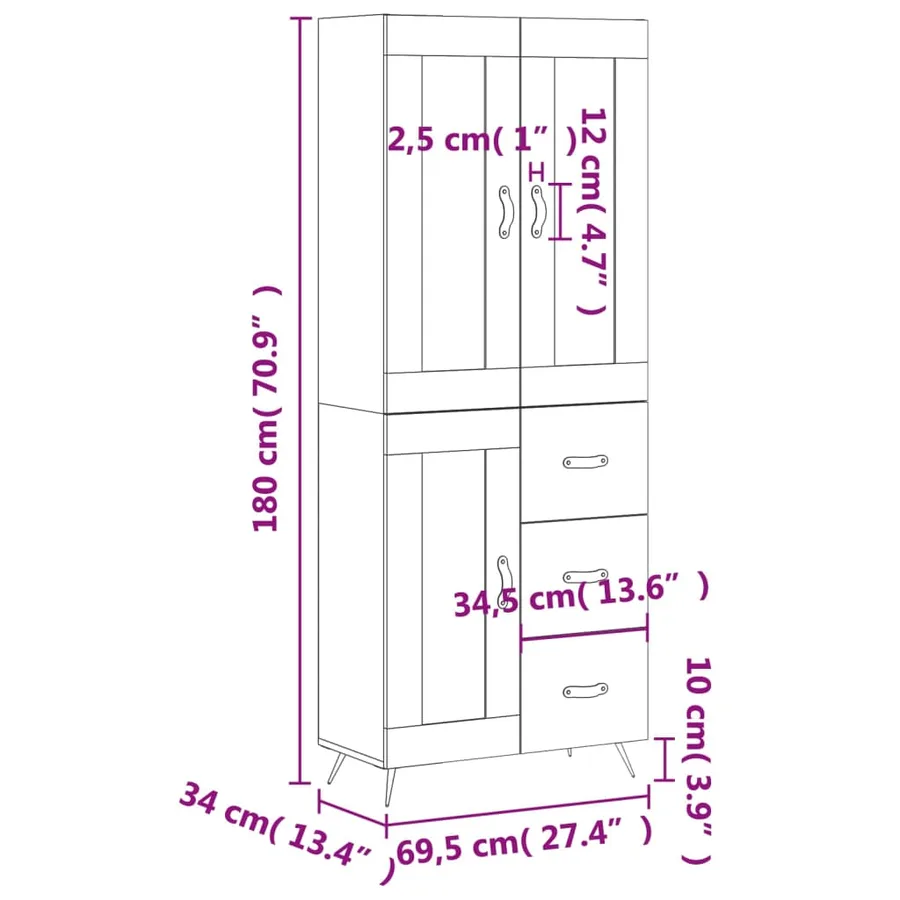 Buffet haut Blanc 69,5x34x180 cm Bois d'ingénierie - 14