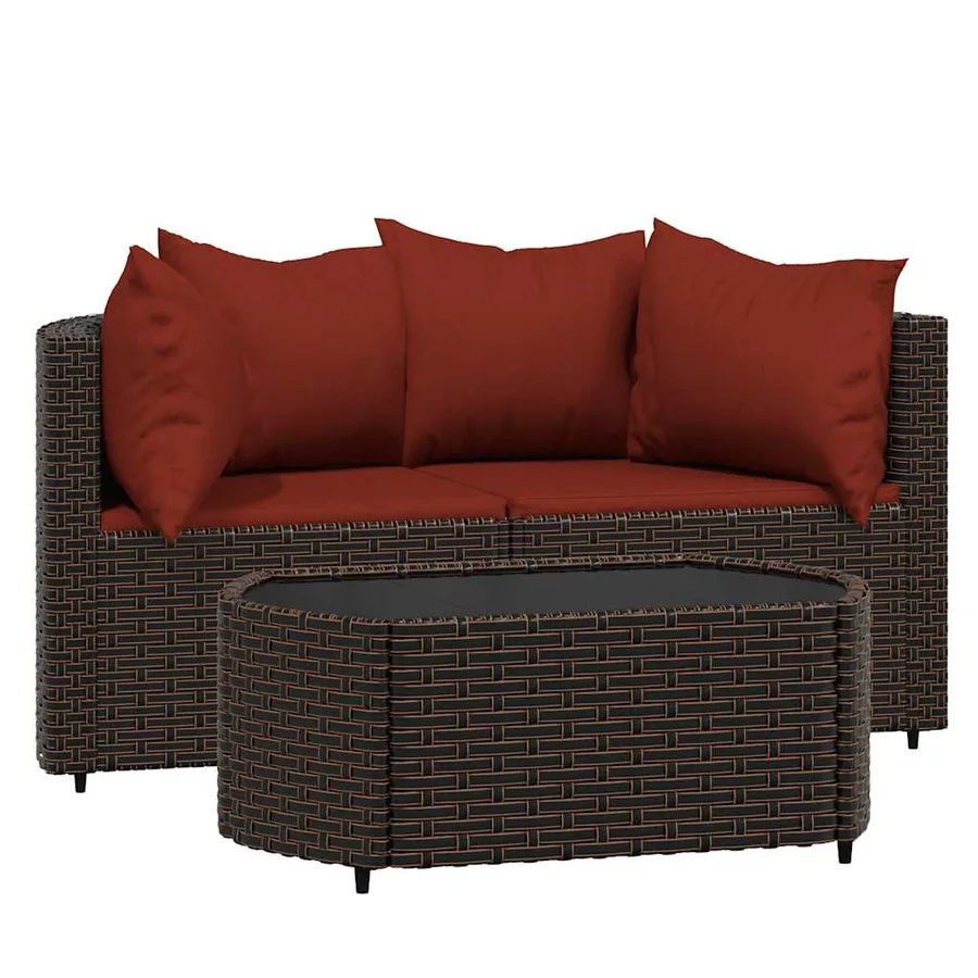 Salon de jardin 3 pcs avec coussins marron résine tressée - 2