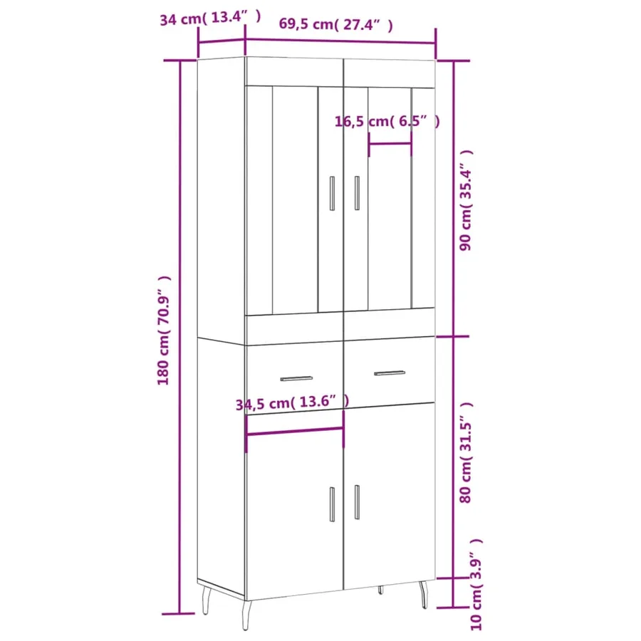 Buffet haut Blanc 69,5x34x180 cm Bois d'ingénierie - 14