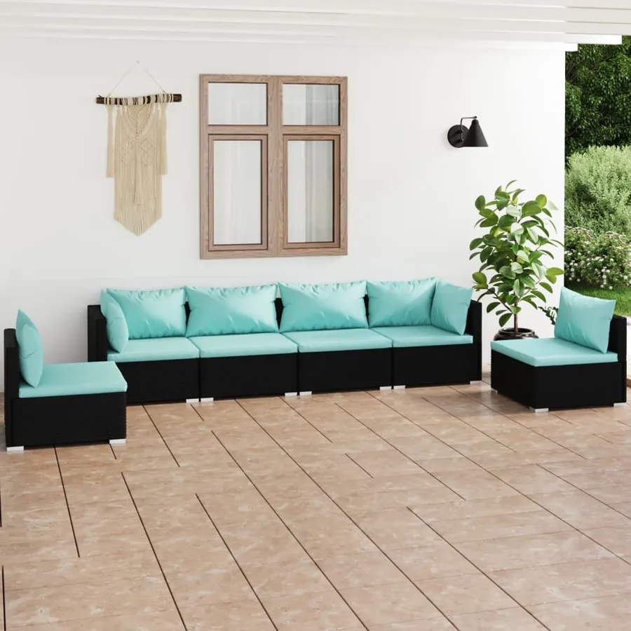Salon de jardin 6 pcs avec coussins Résine tressée Noir