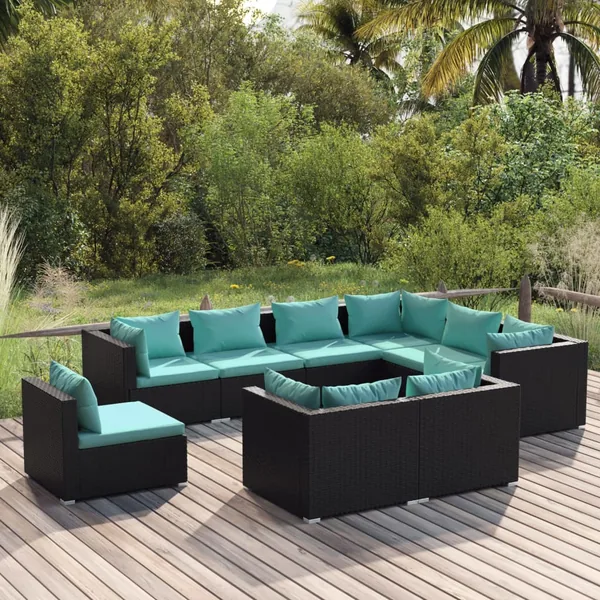 Salon de jardin 9 pcs avec coussins Résine tressée Noir