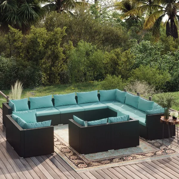 Salon de jardin 12 pcs avec coussins Noir Résine tressée