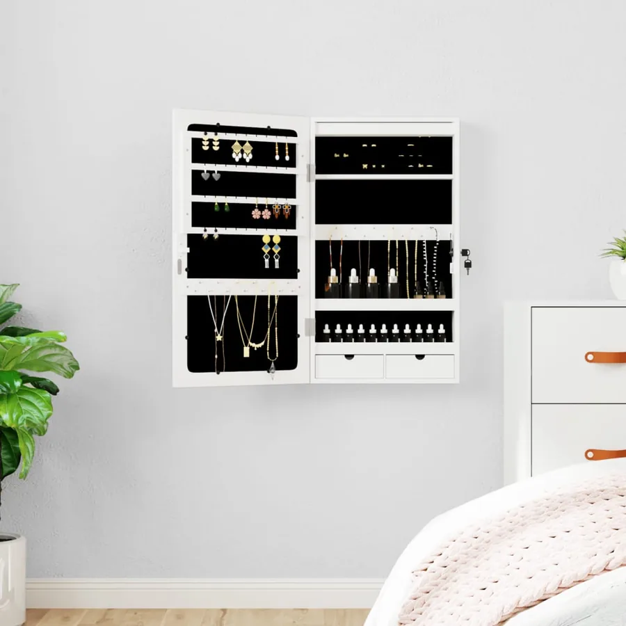 Armoire à bijoux avec miroir et éclairage LED mural blanc
