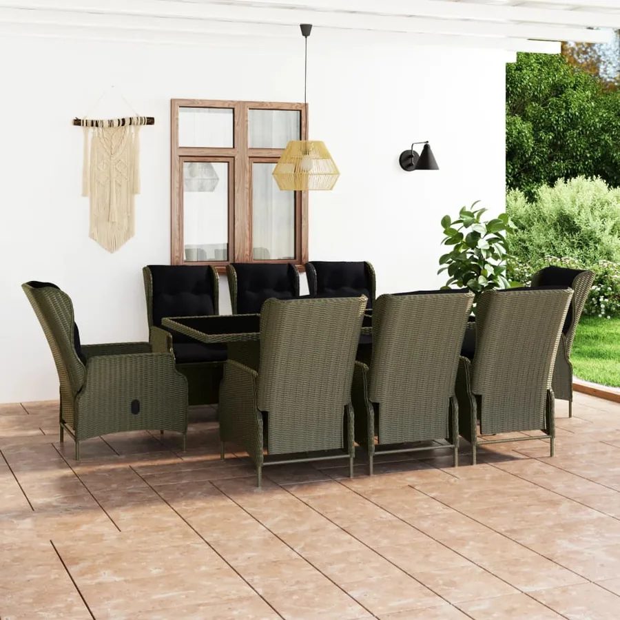 Ensemble à manger d'extérieur et coussins 9 pcs résine tressée