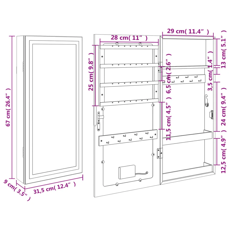 Armoire à bijoux avec miroir et éclairage LED mural noir - 12