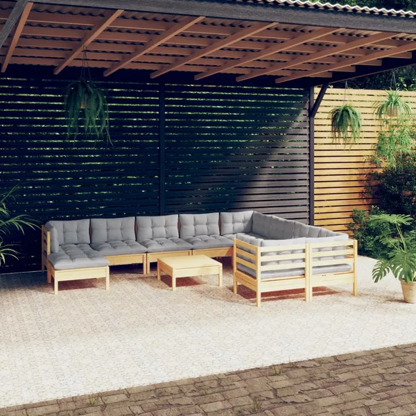 Salon de jardin 11 pcs avec coussins gris bois de pin