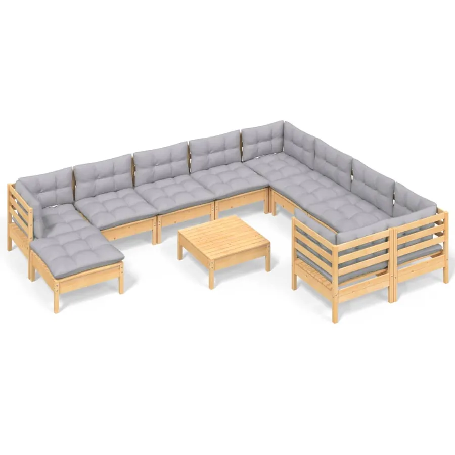 Salon de jardin 11 pcs avec coussins gris bois de pin - 2