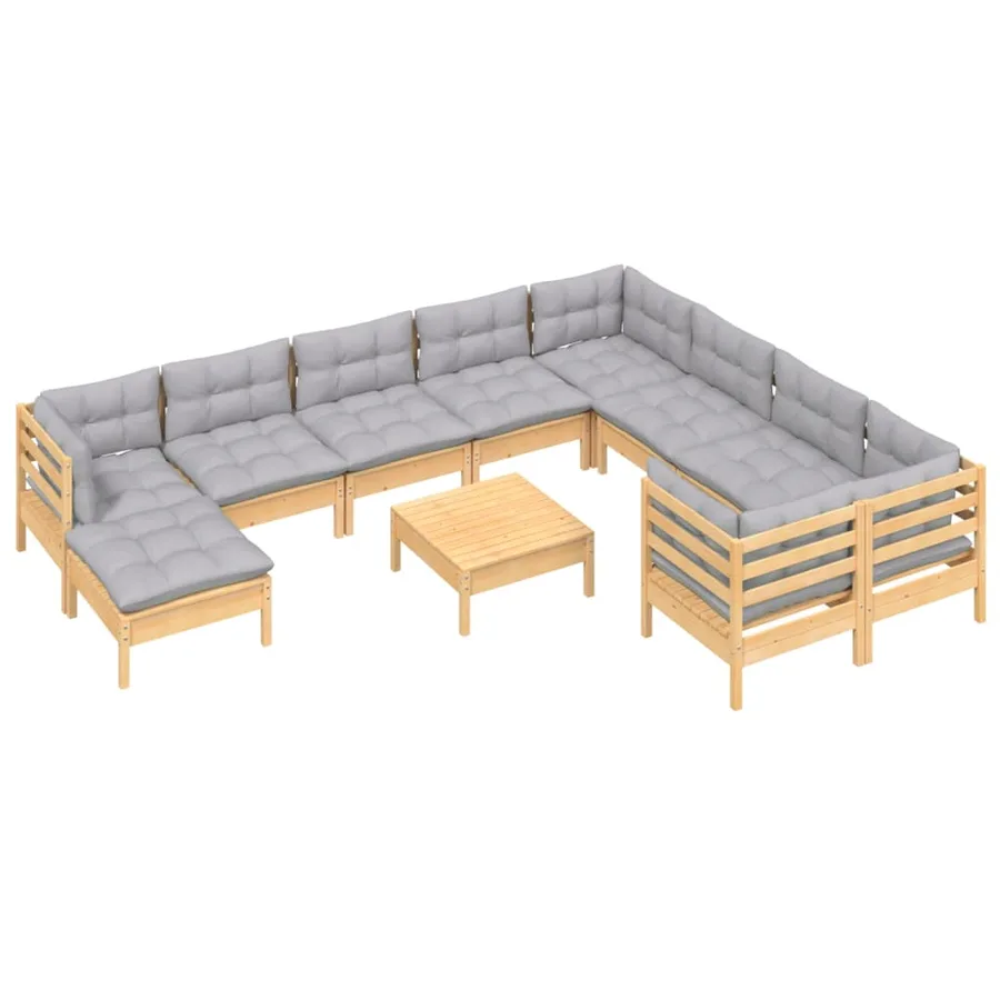 Salon de jardin 11 pcs avec coussins gris bois de pin - 3