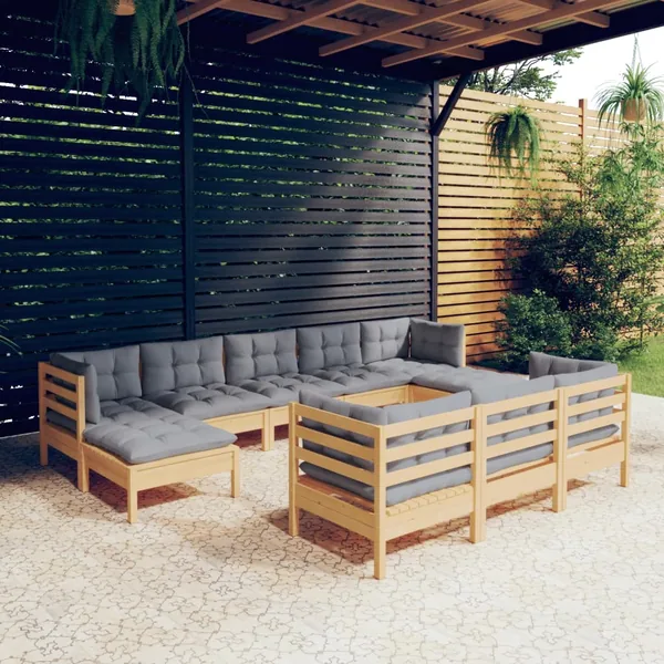 Salon de jardin 10 pcs avec coussins gris bois de pin massif