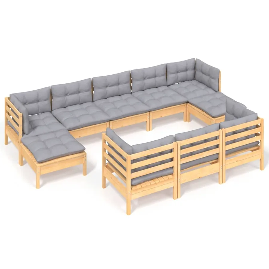 Salon de jardin 10 pcs avec coussins gris bois de pin massif - 2