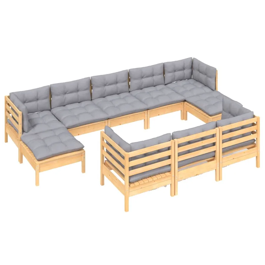Salon de jardin 10 pcs avec coussins gris bois de pin massif - 3