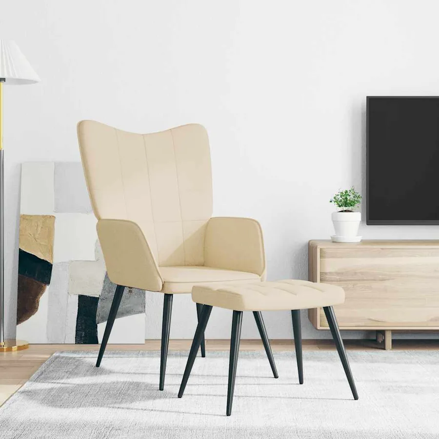 Chaise de relaxation avec tabouret Crème Tissu - 3