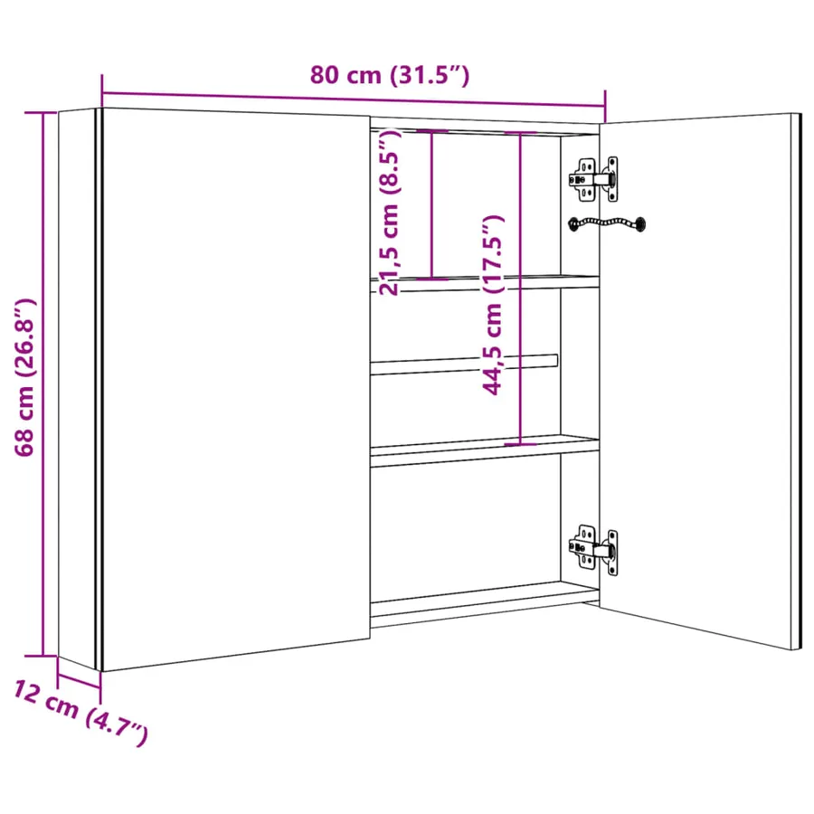 Armoire de salle de bain à miroir LED noir brillant 80x12x68 cm - 8