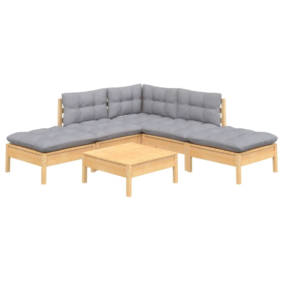 Salon de jardin 6 pcs avec coussins gris bois de pin - 3