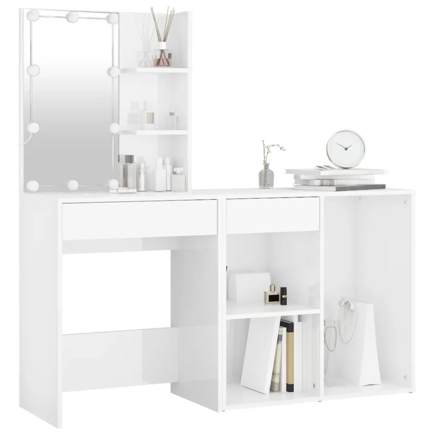 Coiffeuse à LED avec armoire Blanc brillant Bois d'ingénierie - 3