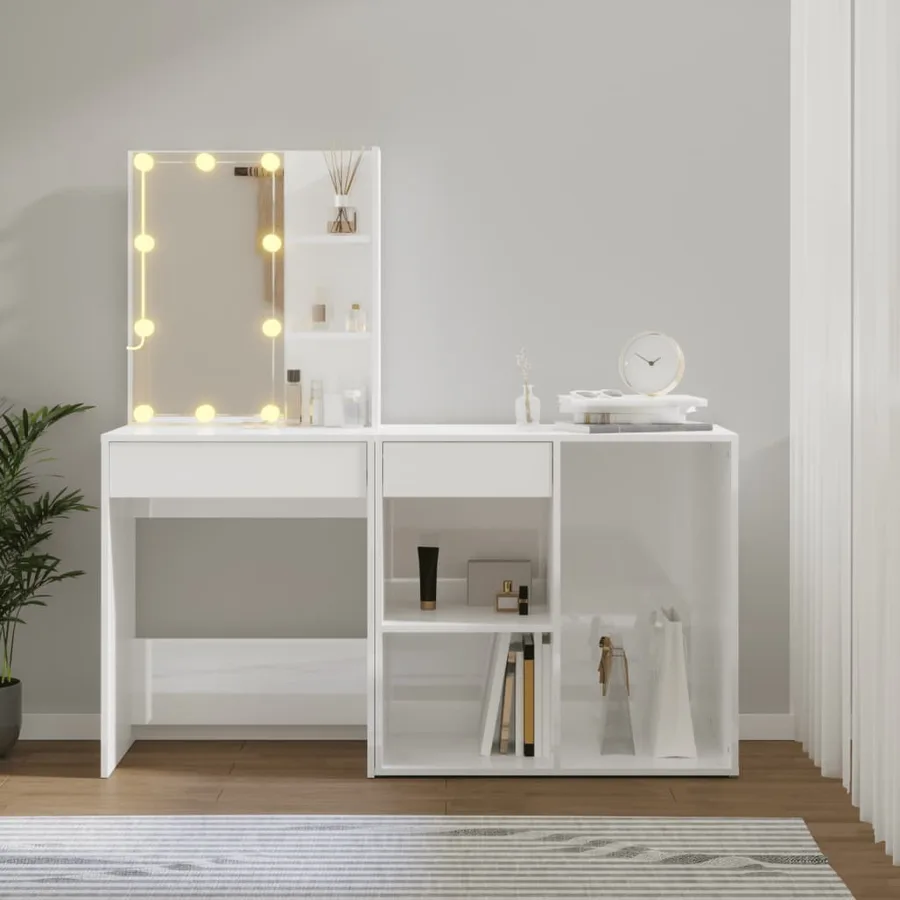 Coiffeuse à LED avec armoire Blanc brillant Bois d'ingénierie - 4