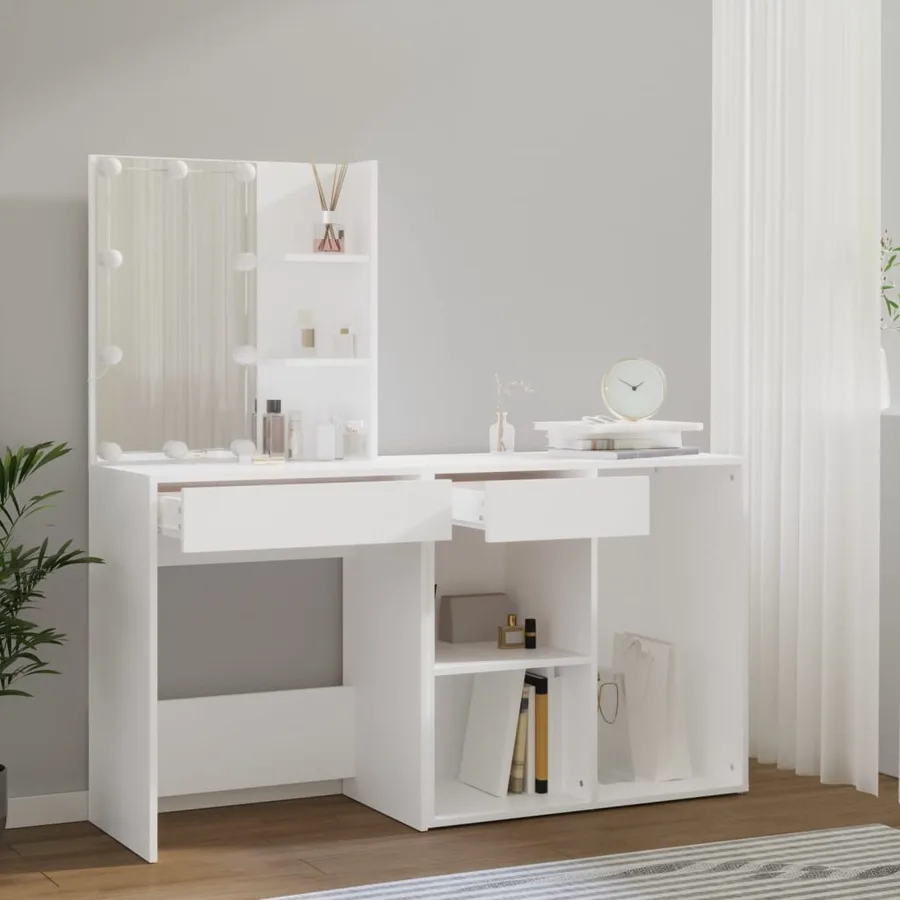 Coiffeuse à LED avec armoire Blanc brillant Bois d'ingénierie - 5