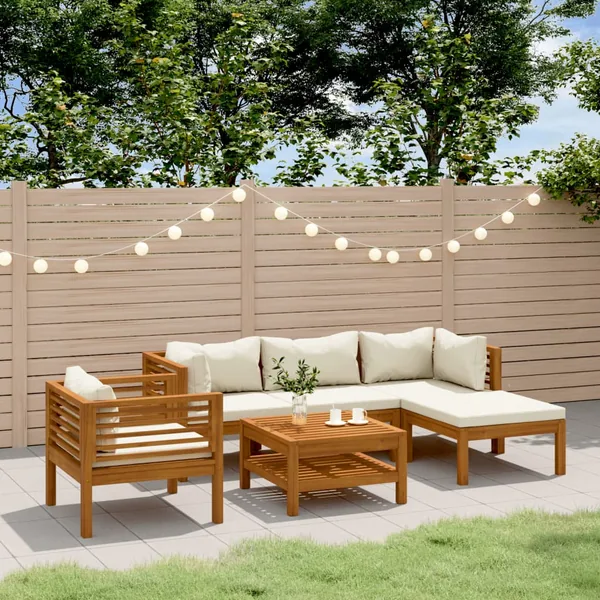 Salon de jardin 6 pcs avec coussin crème Bois d'acacia solide