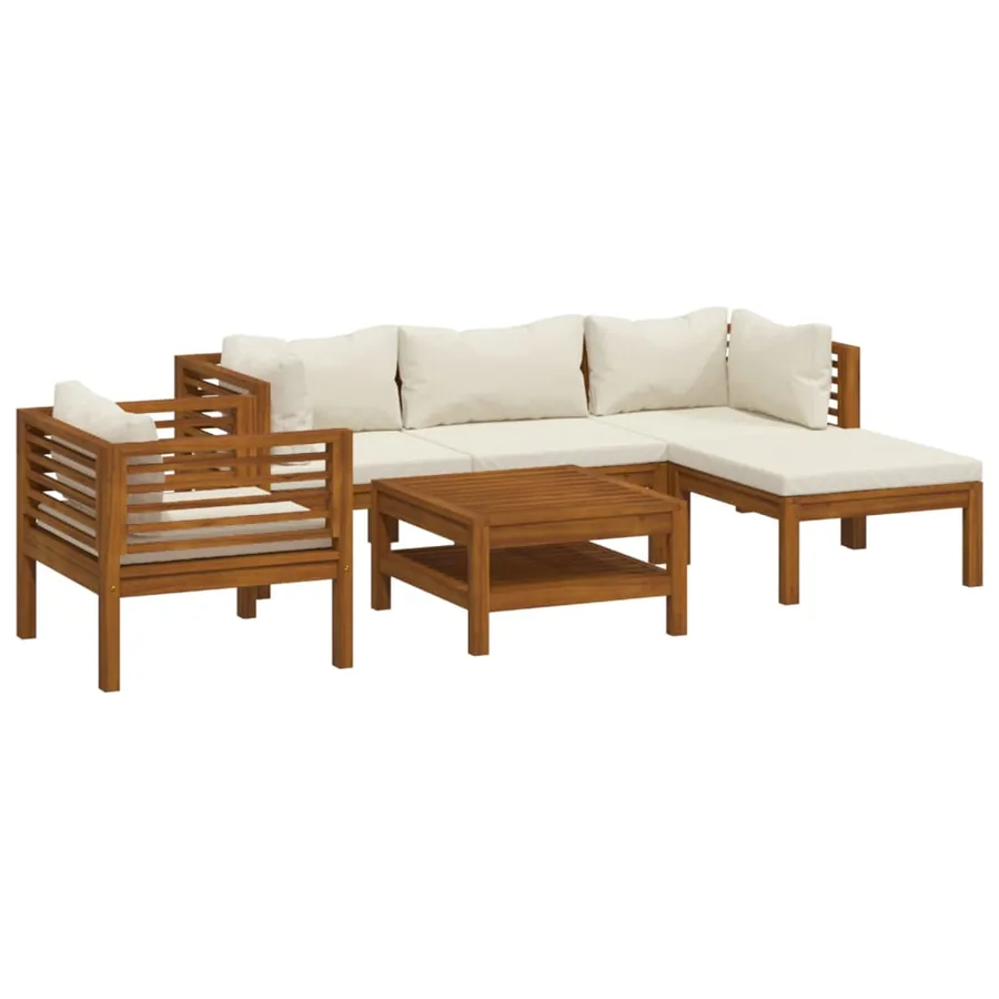 Salon de jardin 6 pcs avec coussin crème Bois d'acacia solide - 2