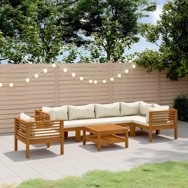 Salon de jardin 7 pcs avec coussin crème Bois d'acacia solide