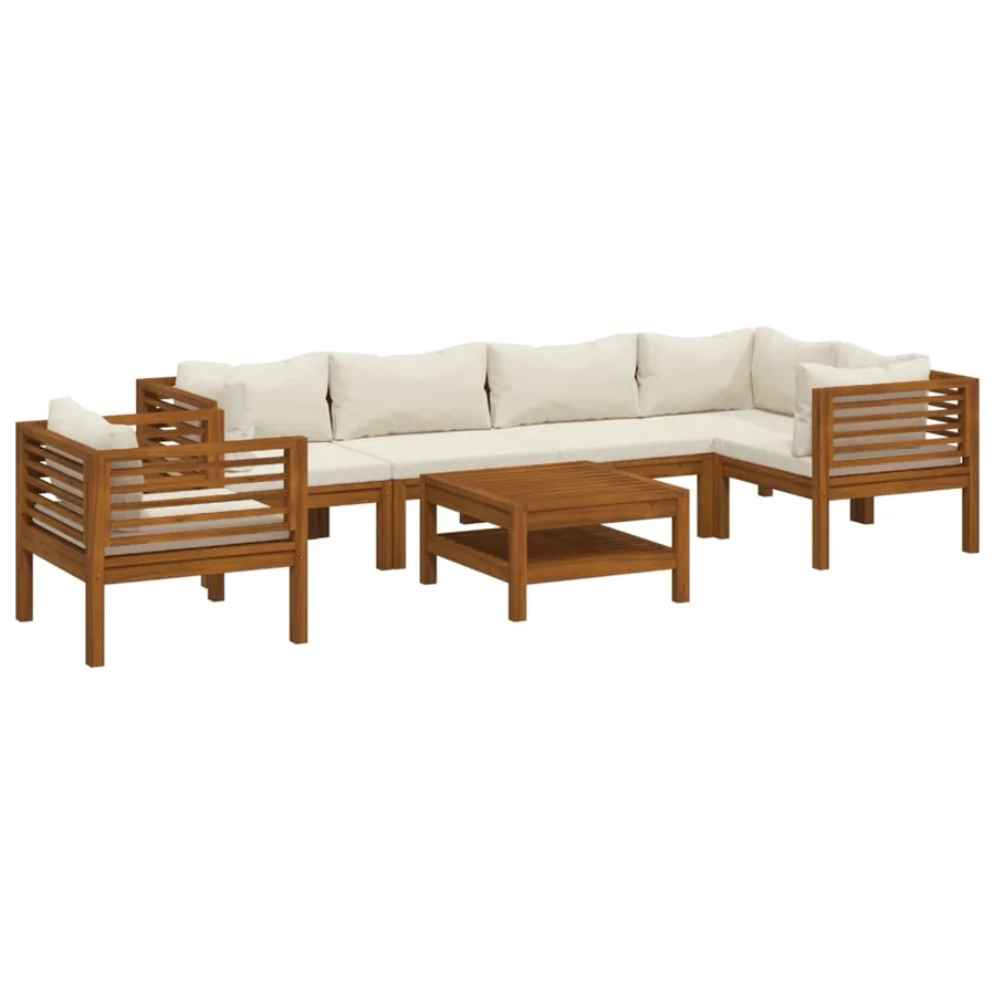 Salon de jardin 7 pcs avec coussin crème Bois d'acacia solide - 2