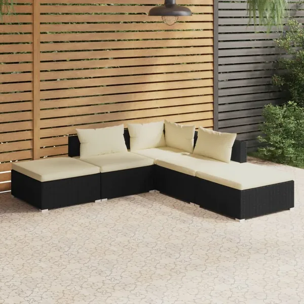Salon de jardin 5 pcs avec coussins Résine tressée Noir