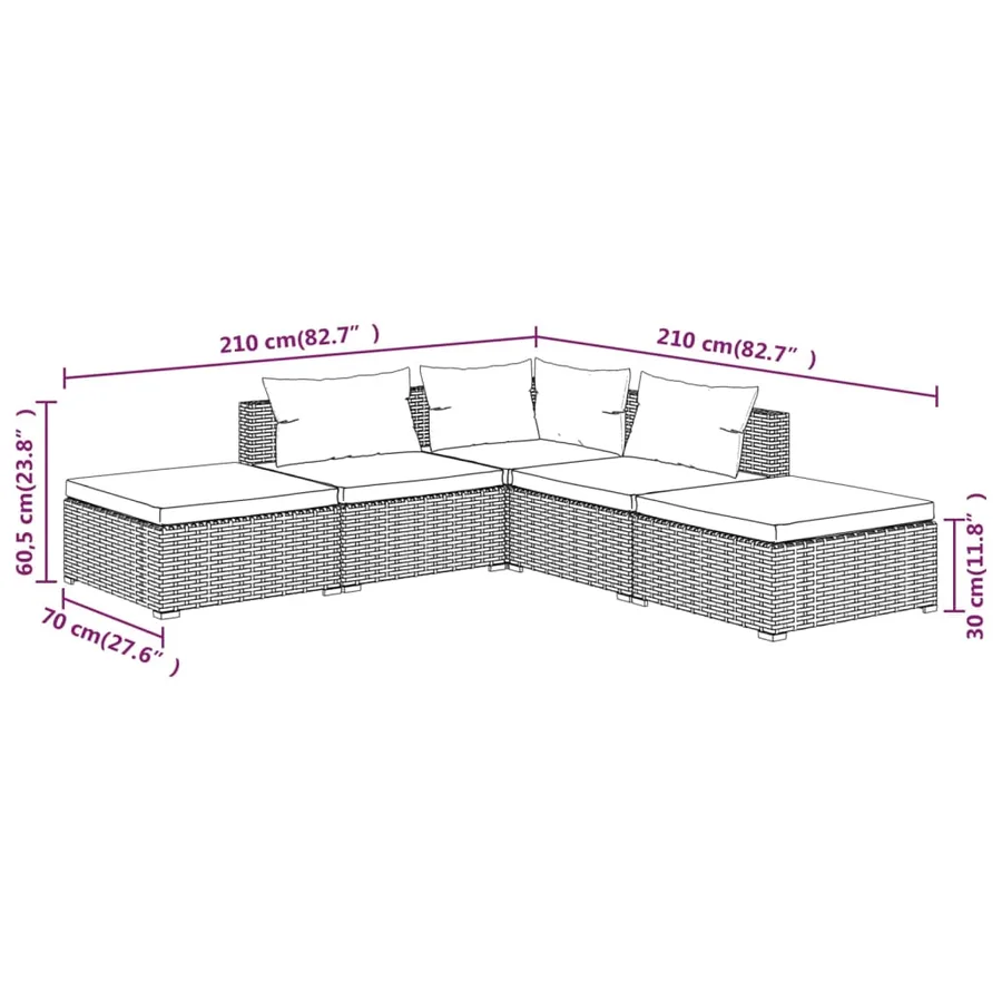 Salon de jardin 5 pcs avec coussins Résine tressée Noir - 6